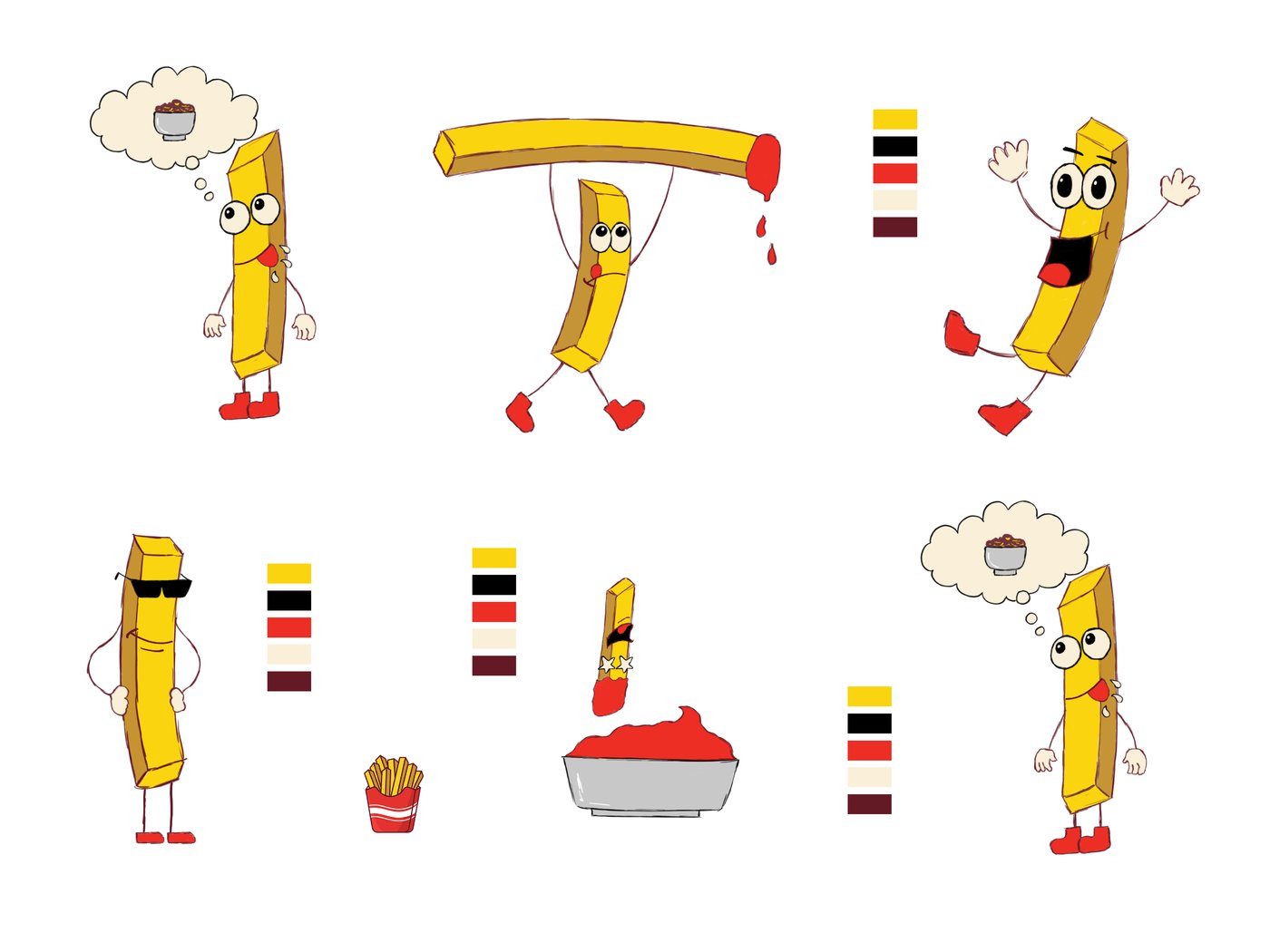 Refined Fry Shack character poses with colour palette
